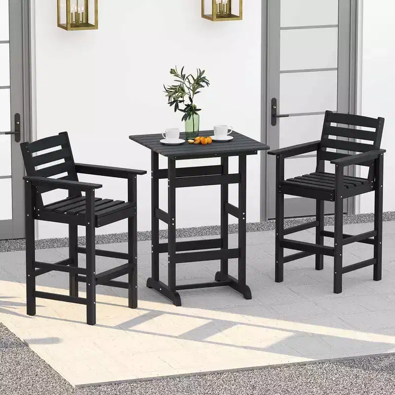 Costway 3-Piece Patio HDPE Bar Set Armchairs with Square High-Top Table Footrest & Backrest Navy/Gray/Brown/Black