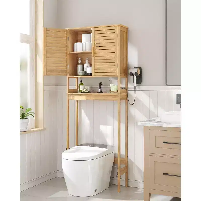 Over-the-Toilet Storage Cabinet with Adjustable Inside Shelf & Bottom Stabilizer Bar, Natural Beige