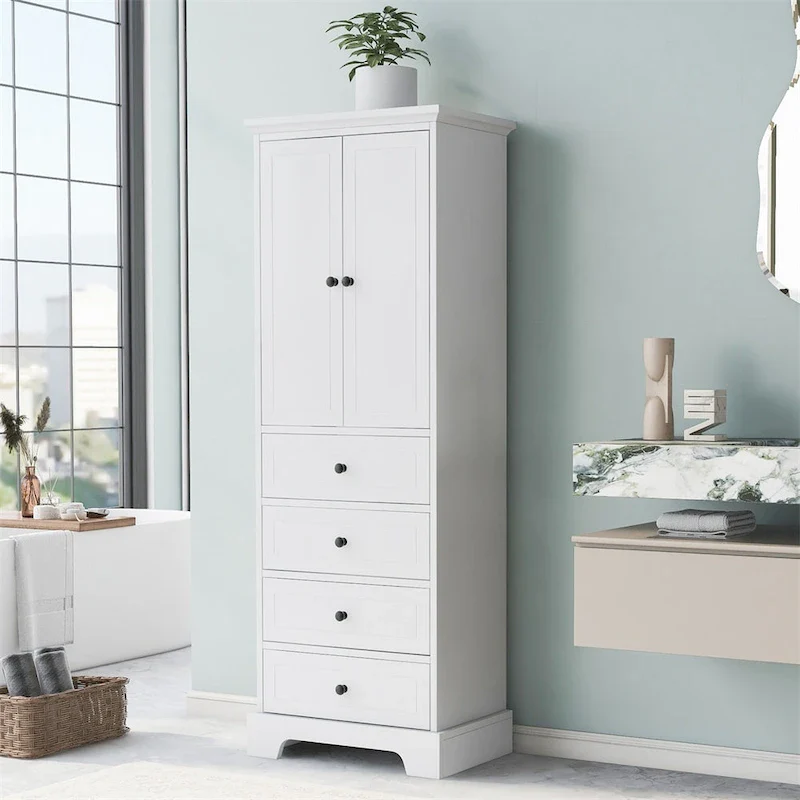 Wooden Storage Cabinet with 2 Doors and 4 Drawers, Adjustable Shelf