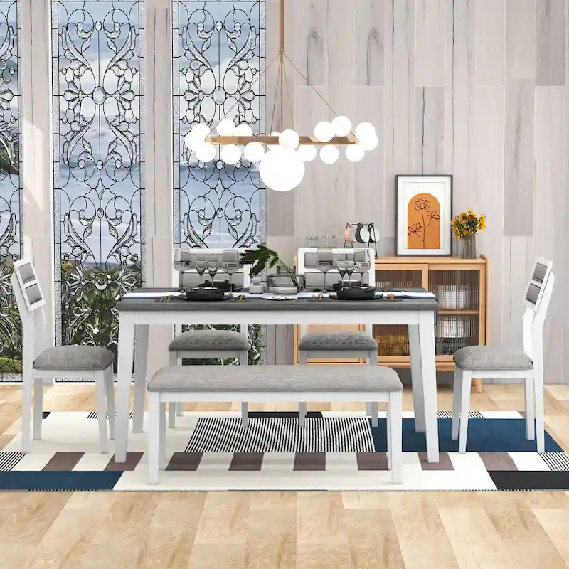 6-Piece Wooden Dining Table Set with 4 Chairs & Bench