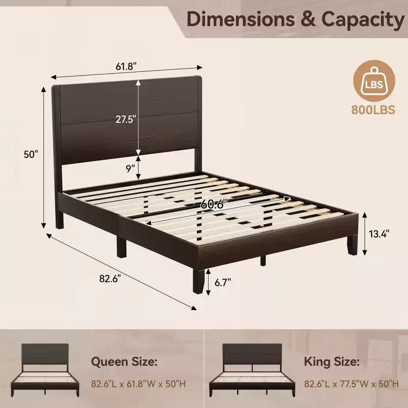 Dyonery Wood Platform Bed Frame with 50 Tall Headboard - 800lbs Weight Capacity, Noise-Free, Solid Wood Slat Support, No Box Spring Needed