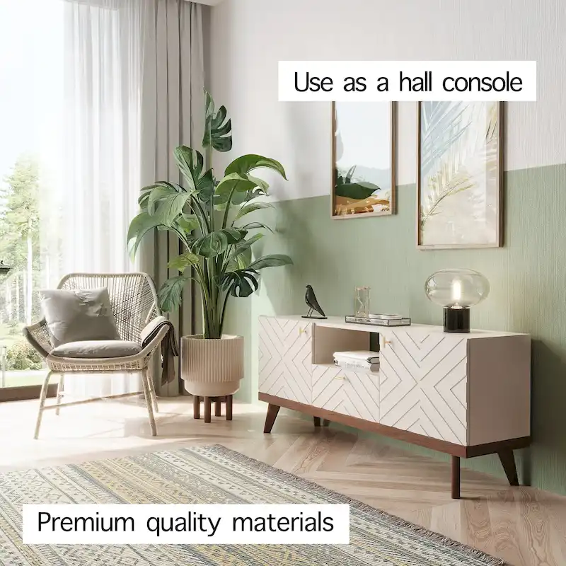 Mid-Century Modern TV Stand Console with Drawer, Beige, Fits TVs up to 65 in, Wood Legs
