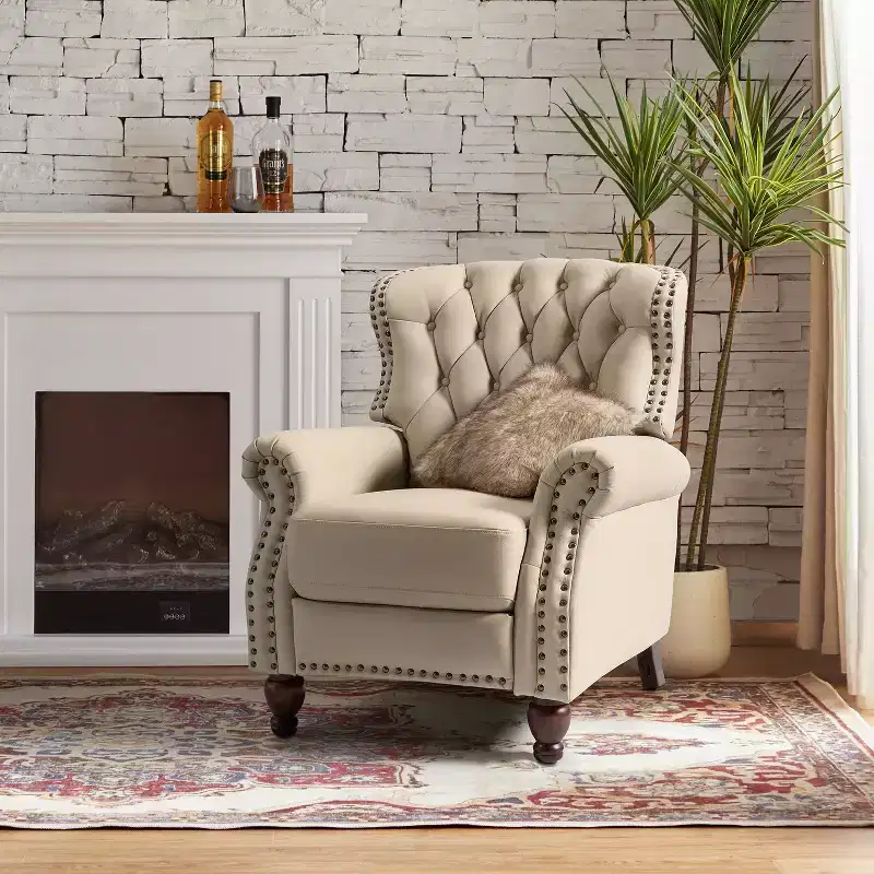 Genuine Leather Manual Recliner with Nailhead Trim - Living Room & Bedroom