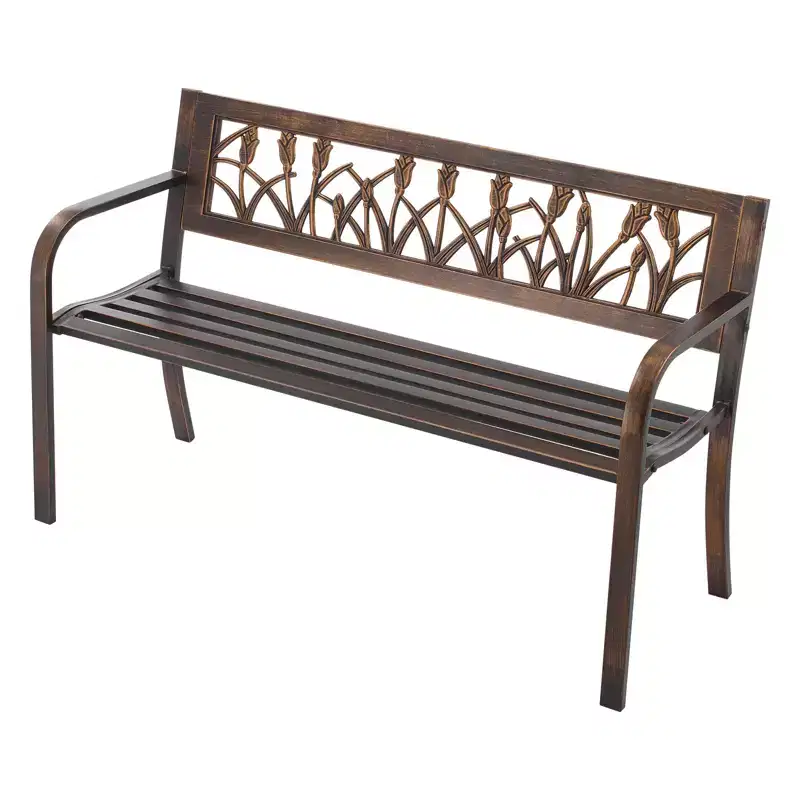 VEVOR Outdoor Bench, 50 inch, Carbon Steel Metal Frame with PVC Floral Pattern Backrest and Round Edge Armrests, Weatherproof Outside Bench, Brown