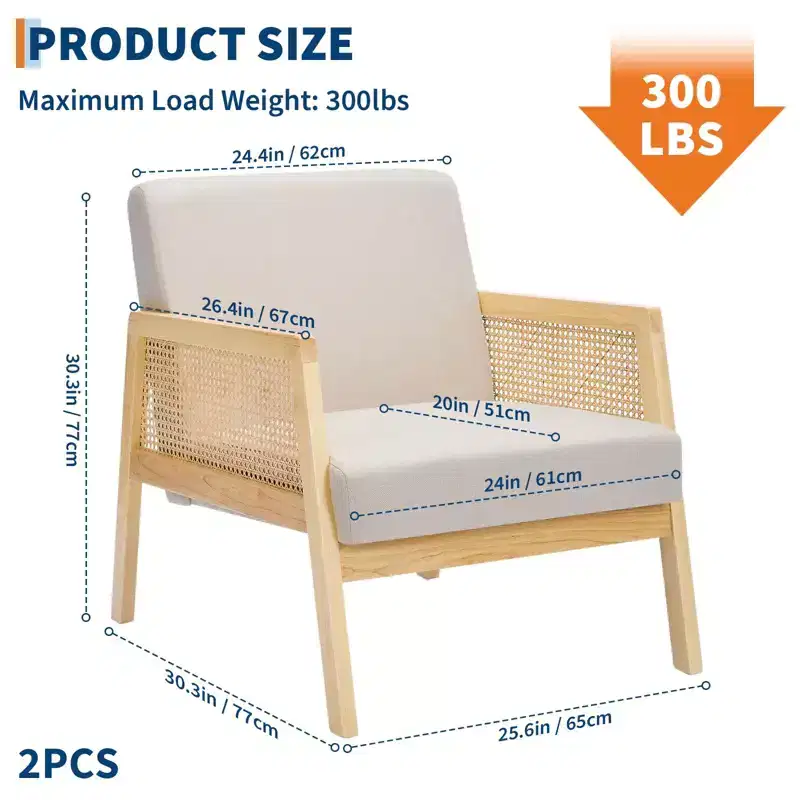 GustoWave 2PC Wood Rattan Accent Chair with Linen Fabric Upholstered, Lounge Arm Chair with Soft Cushion for Living Room, Beige