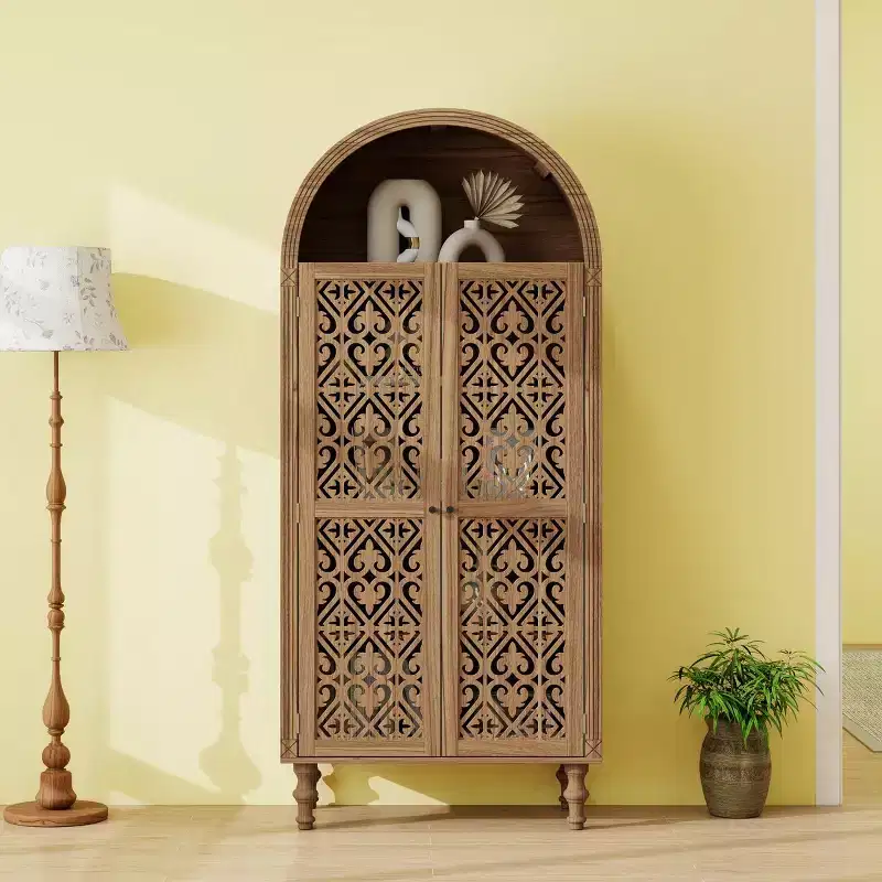 70 Arched Boho Kitchen Pantry Cabinet, Tall Carved Engineered Wood Storage Cabinet with Hollow Doors and Shelves - Panipeachy