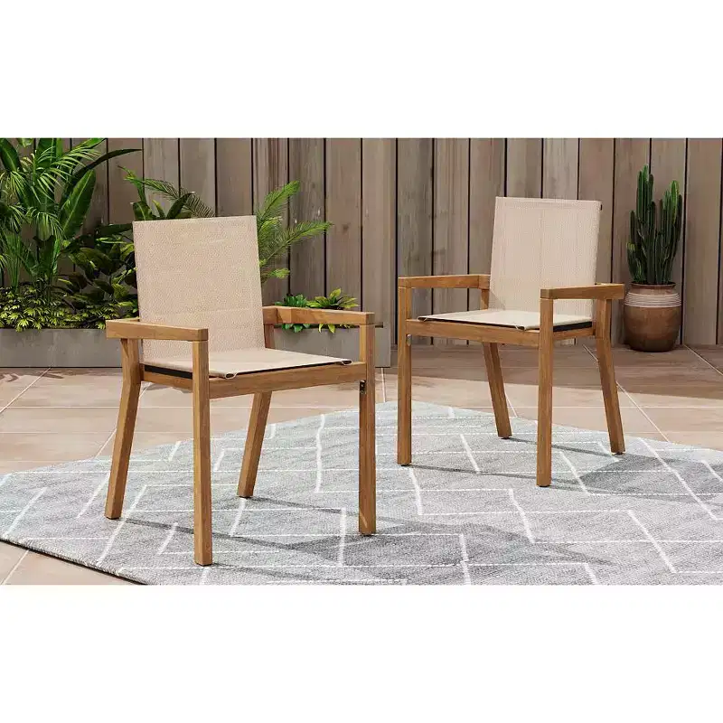 MAYEERTY Set of 2 Dining Chairs Teak Frame Beige Textile Cushions for Dining Room Patio