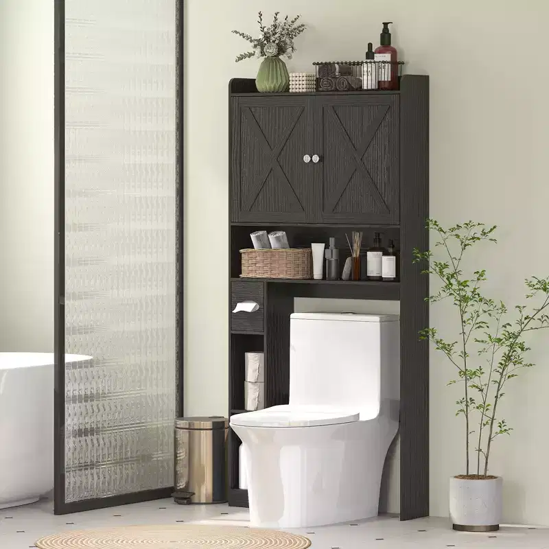 Over the Toilet Storage Cabinet, Farmhouse Above Toilet Bathroom Organizer with Barn Doors, Adjustable Shelf, Toilet Paper Holder