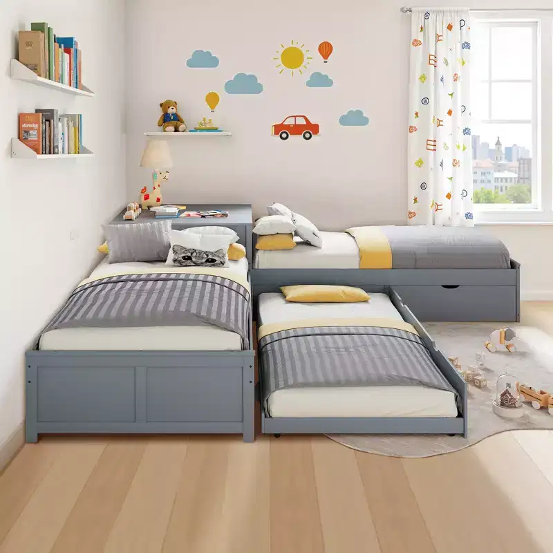 L-Shaped Twin Solid Wood Trundle Bed with Flip-Top Storage Desk, Space-Saving Platform Frame for Kids and Family Rooms