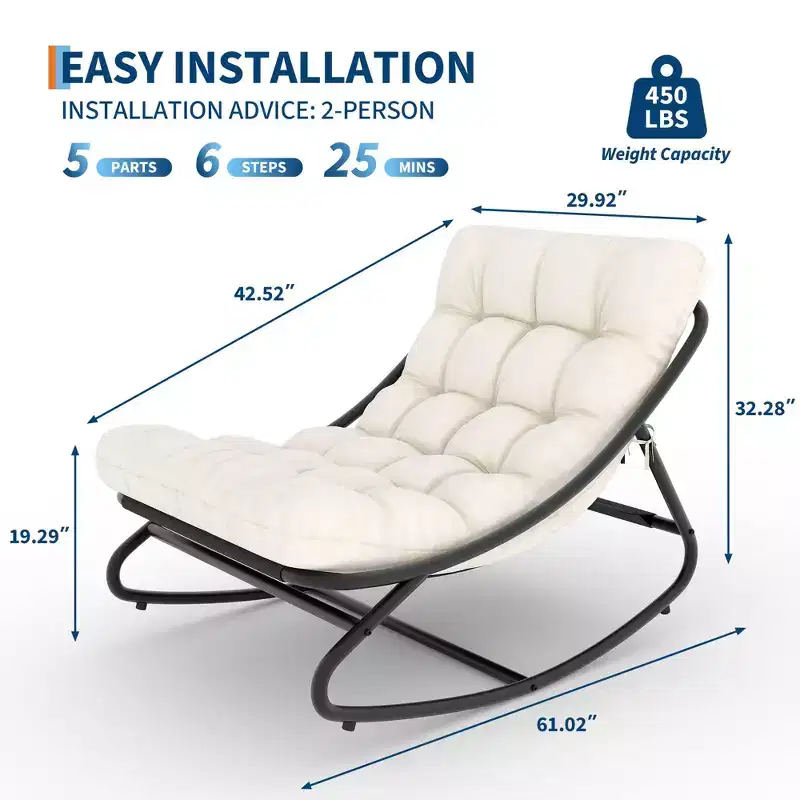 Oversized Papasan Rocking Chair C White Indoor/Outdoor Egg Chair with Thick Cushion (450 lbs Capacity) for Living Room, Patio & Garden