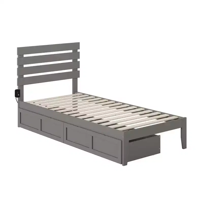 Twin Oxford Bed with USB Turbo Charger and 2 XL Drawers Gray - Hardwood Frame, Painted Finish, 600 lb Capacity