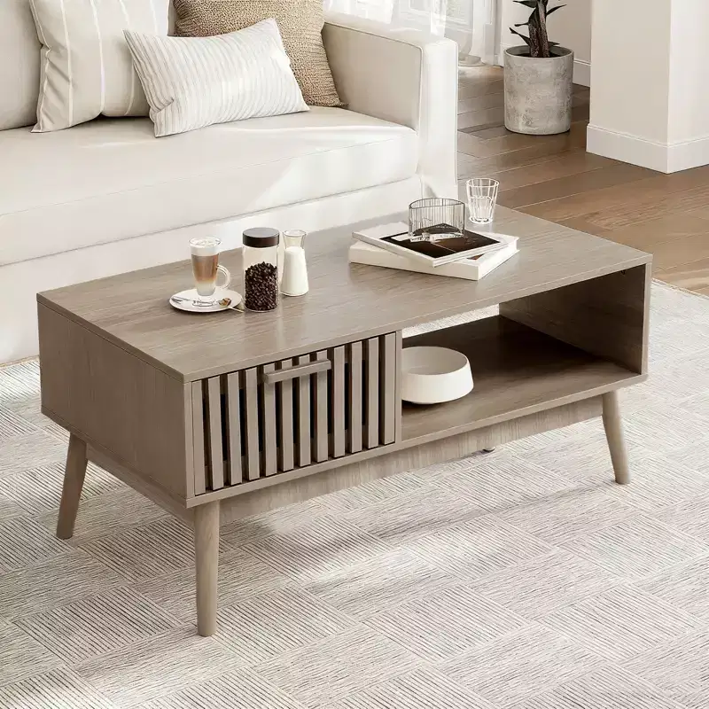 Farmhouse Coffee Table with Storage, 39.4 Rustic Fluted Accent Table with Drawer & Open Shelf for Living Room