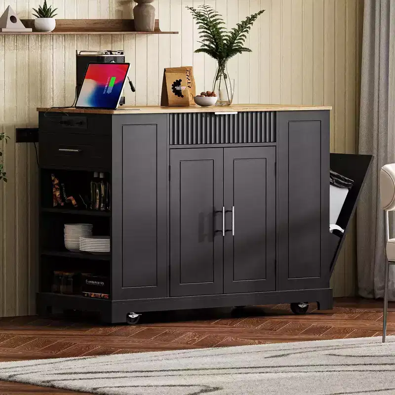 Whisen Classic Style Kitchen Islands on 5 Wheels with 3 Drawer and 3 Open Side Racks