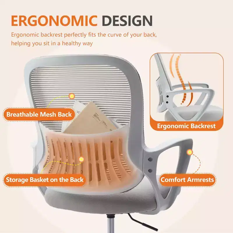 Ergonomic Office Chair for Standing Desk, Height Adjustable, Fixed Armrests, Gray Mesh