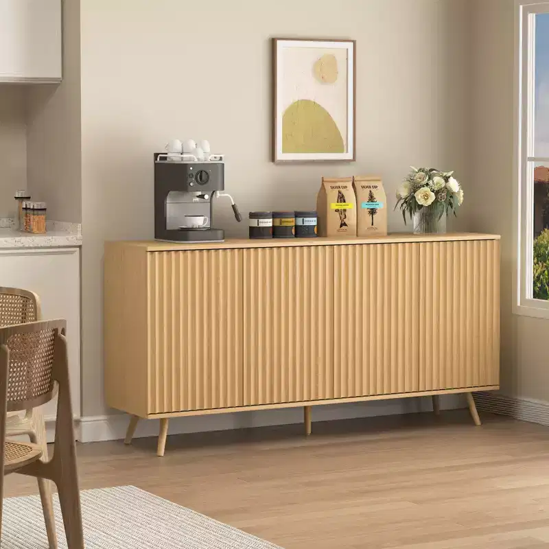 JVNOXK Modern 4-Door Wooden Storage Sideboard Adjustable shelves Extended storage space Suitable for living rooms and kitchens Natural
