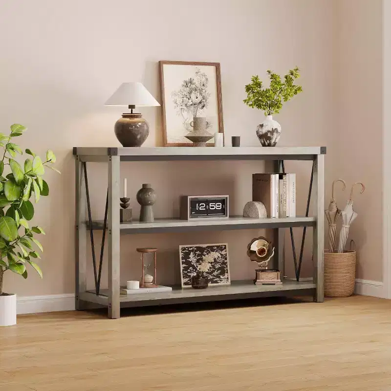 47 Entryway Console Table 3-Tier Narrow Sofa Table with Storage Shelves (Grey, for Living Room/Hallway/Kitchen)