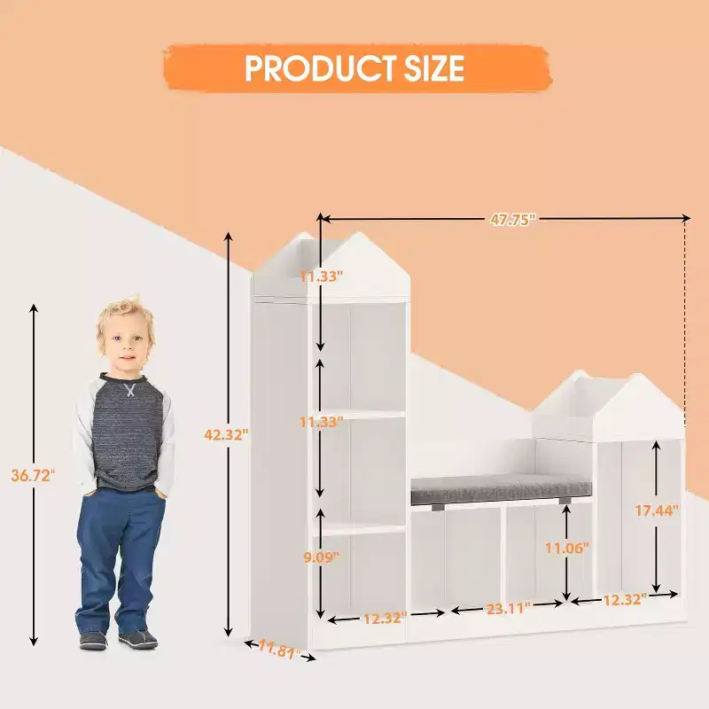 Kids Bookshelf Children Bookcase 6 Cubby Toy Storage Organizer Seat Cushion Wooden Storage Bench for Bedroom, Living room, Office