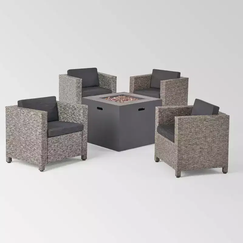 Maxwell 5pc Wicker Club Chair and Square Fire Pit Set - Mixed Black/Dark Gray - Christopher Knight Home: Weather-Resistant, Iron Frame