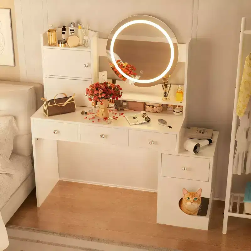 Modern Makeup Vanity with Lights and Charging Station, Small Vanity Desk with Cat Hole and Multi-Tier Storage Shelves, White