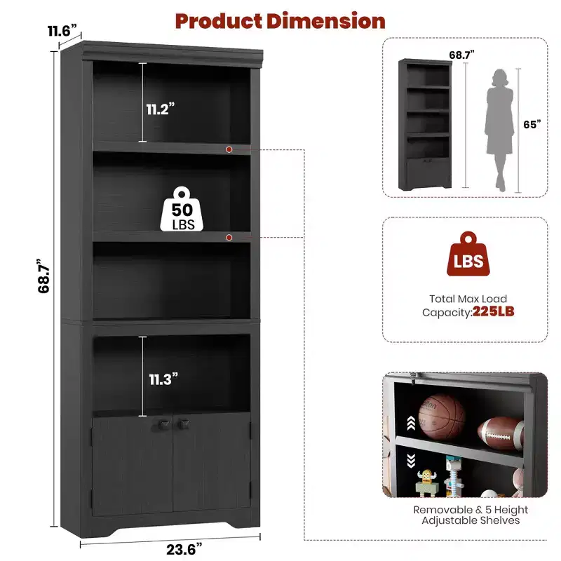 Black Farmhouse Bookcase with 2 Doors, 5-Tier, Single
