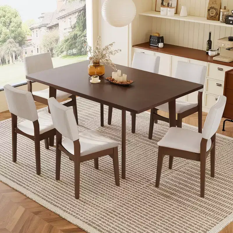 7-Piece Modern Dining Set with 60 Solid Wood Table and 6 Stackable Chairs