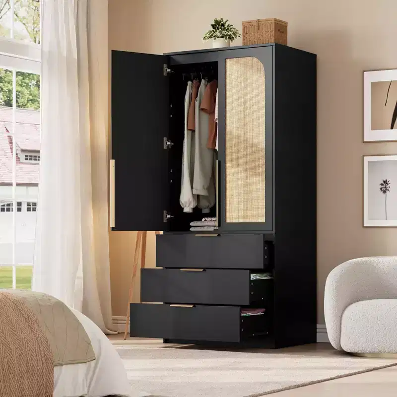 Rattan Armoire Wardrobe Closet with 3 Drawers and 2 Doors, Wooden Wardrobe Cabinets for Hanging Clothes, Tall Standing Bedroom Armoires