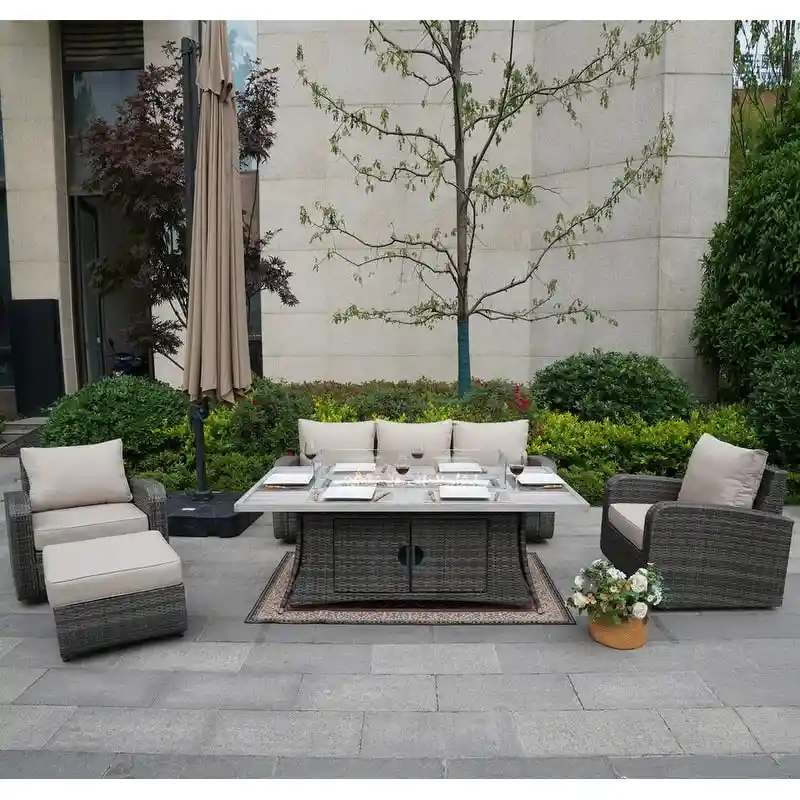 5-Piece Outdoor Wicker Sofa Set with Aluminum Firepit Table