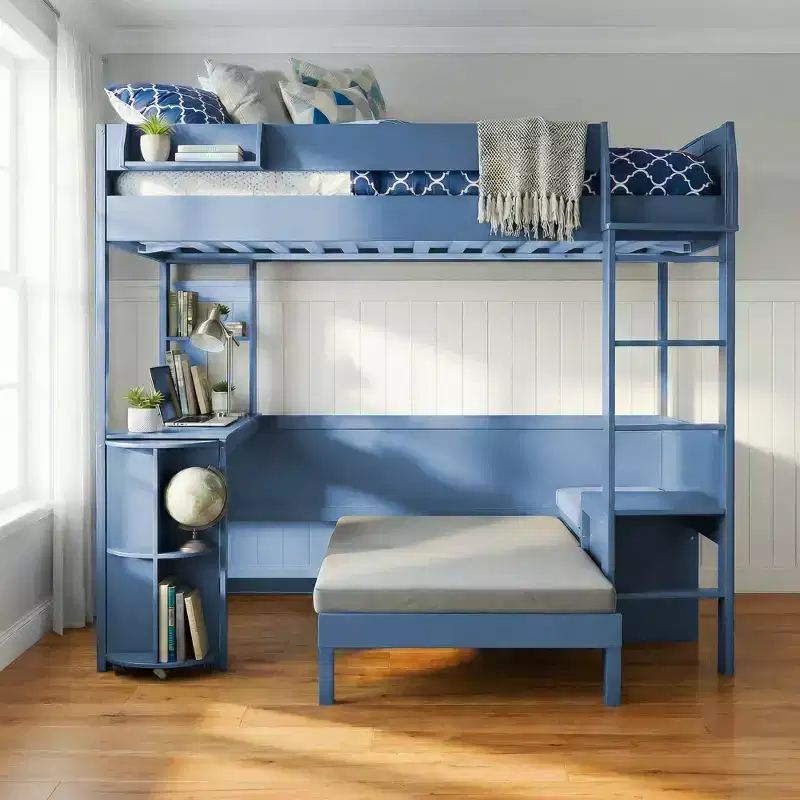 Full Size Wood Loft Bed with Desk, Storage Shelf, Convertible Sofa, LED Light,Space-Saving Bed Frame - ModernLuxe