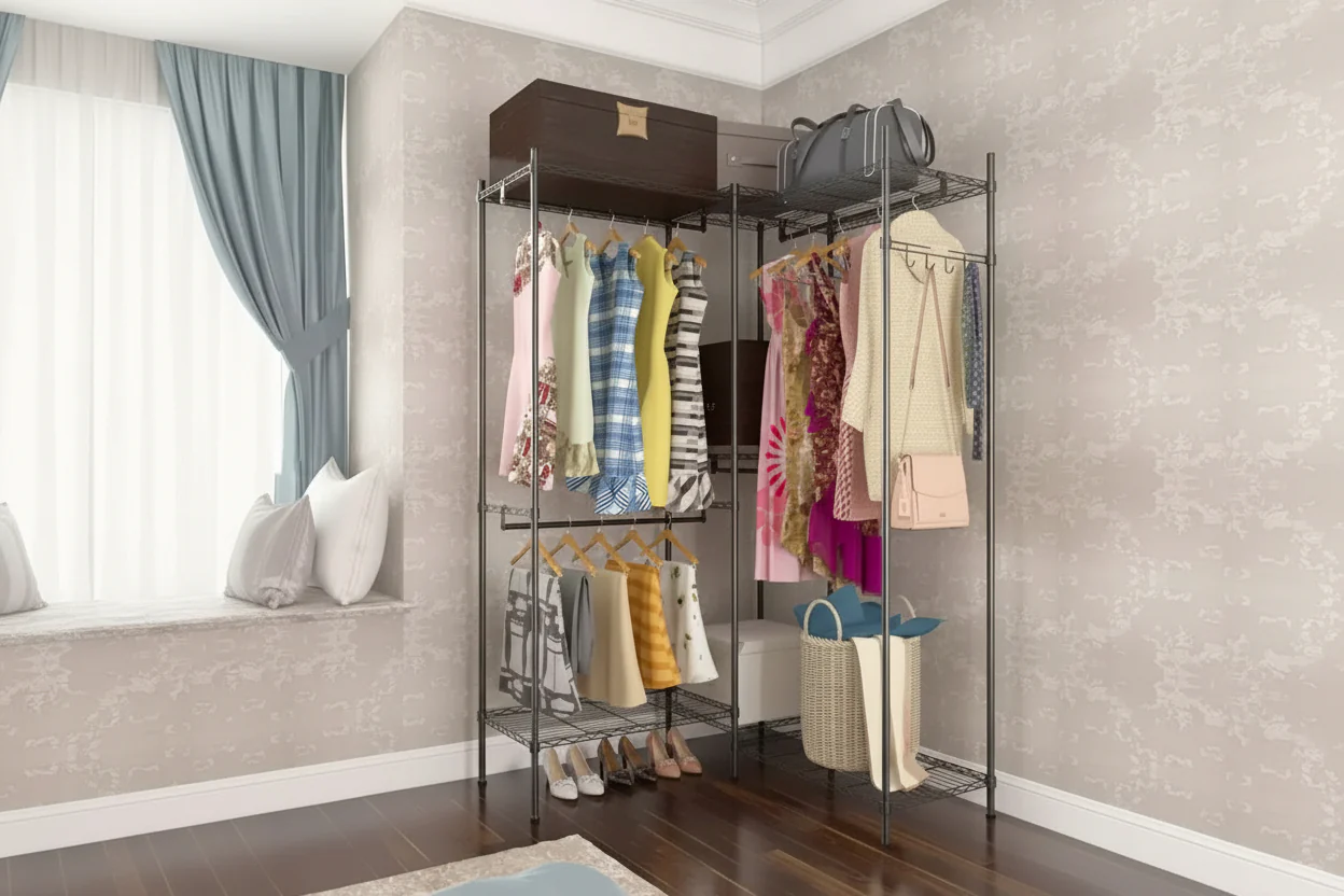 Portable 4 Rows Clothes Rack with 7 Layers Shelves Garment Rack Wardrobe Closet Rack