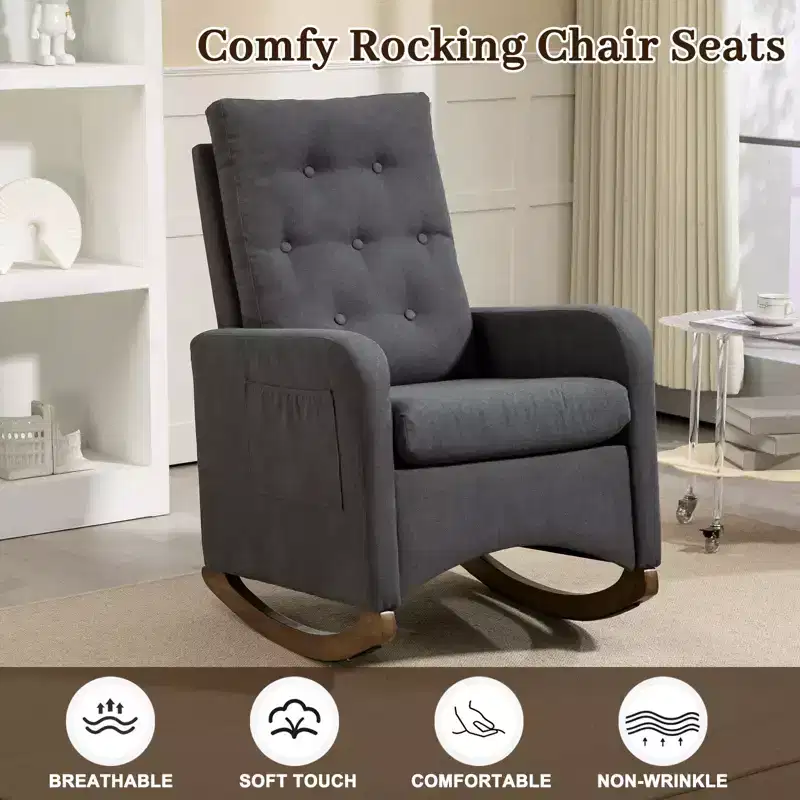 Upholstered Rocking Chair, Fabric Comfy Accent Armchair Chair with Rubber Wood Legs, High Backrest and Side Pocket for Living Room