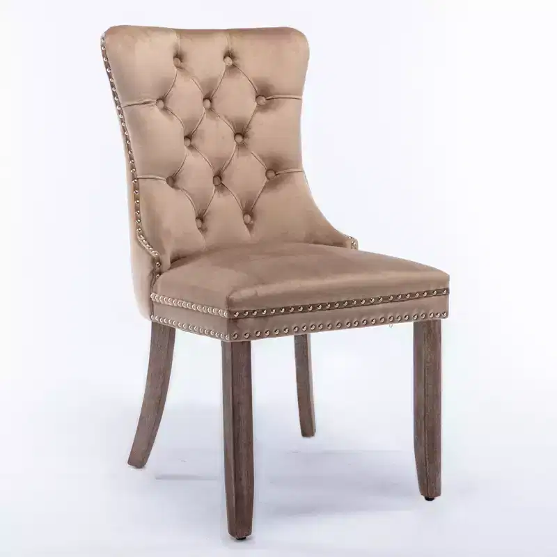 Harrington Collection Modern Tufted Velvet Dining Chairs, Solid Wood Legs with Nailhead Trim, Contemporary Upholstered Side Chair Set of 2, Khaki