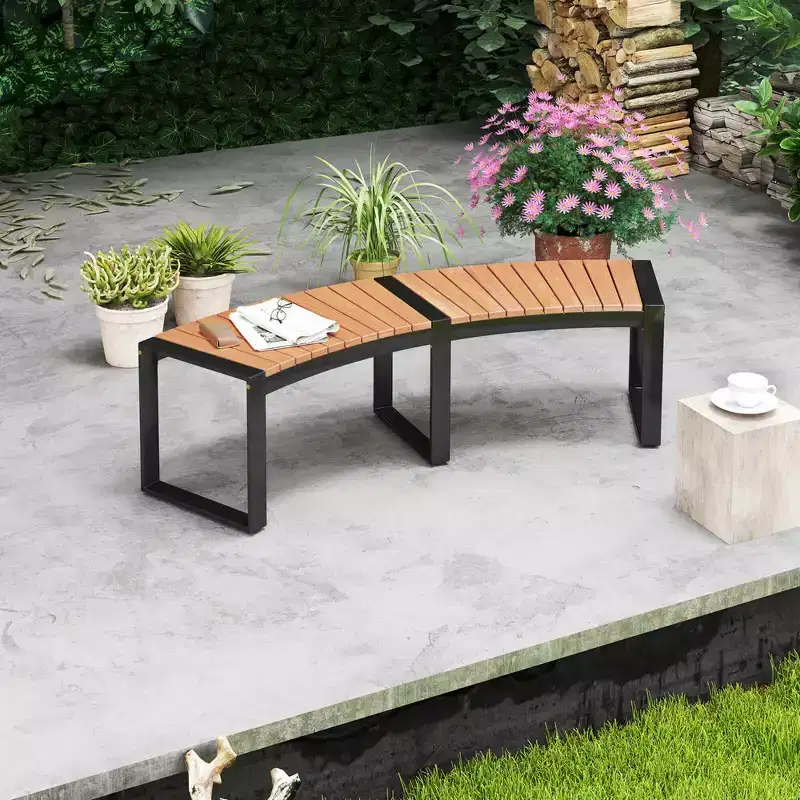Costway Backless 2-Person Patio Curved Bench with Slatted Seat & Metal Legs Oil Painted