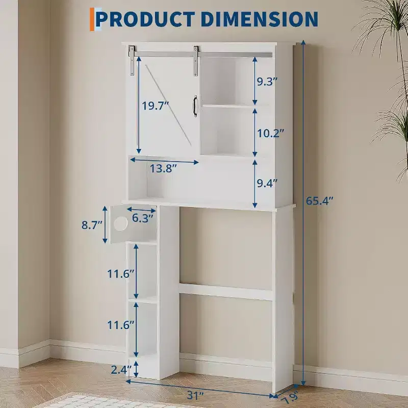 Over The Toilet Storage Cabinet with Barn Doors Bathroom Stand Over Toilet with Tissue Hook and Adjustable Shelves,White