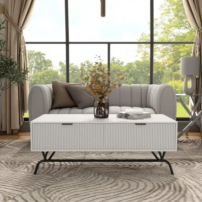 DH BASIC Modern 42-inch 2-Drawers Coffee Table with Metal Legs by Denhour