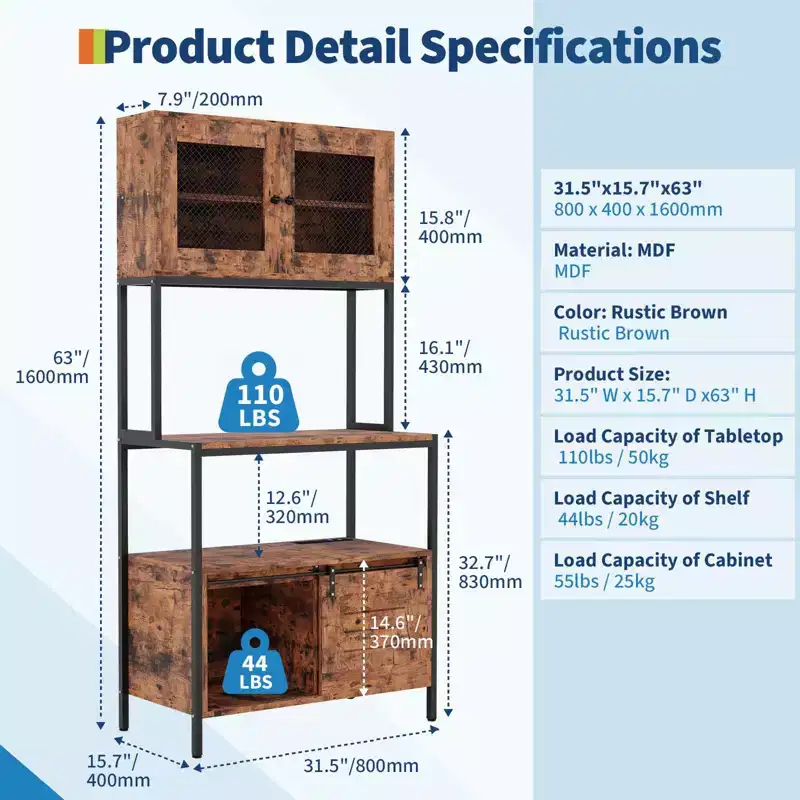 5-Tier Kitchen Bakers Rack with Cabinets & Charging Station, 63 Industrial Microwave Stand, Storage Cabinet for Dining Room, Living Room, Apartments