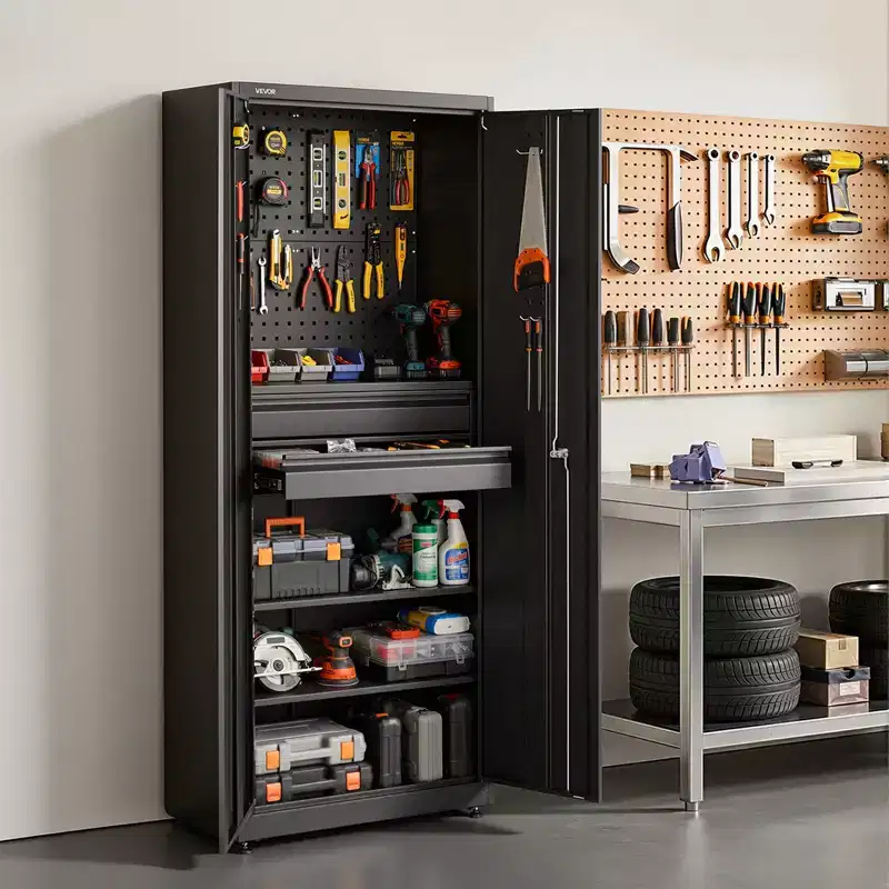 VEVOR Metal Storage Cabinet, 180 lbs Shelf Load Capacity, 70.87 Tall Garage Tool Storage Cabinet with 2 Locking Doors, Shelves, 2 Drawers, Black