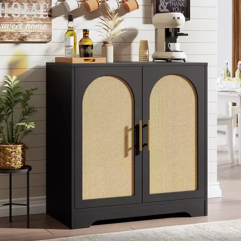 Modern Sideboard Buffet Cabinet with 2 Rattan Doors - Credenza Storage Console Table for Living Room, Dining Room & Entryway
