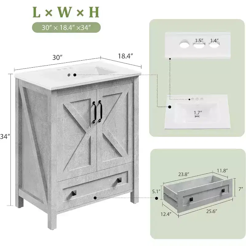 30 Inch Bathroom Vanity with Ceramic Sink, Freestanding Farmhouse Bathroom Cabinet with 2 Doors and 1 Drawer