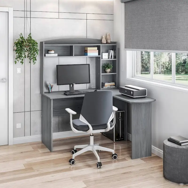 Grey L-Shaped Computer Desk with Hutch, 1-Person, 47.25