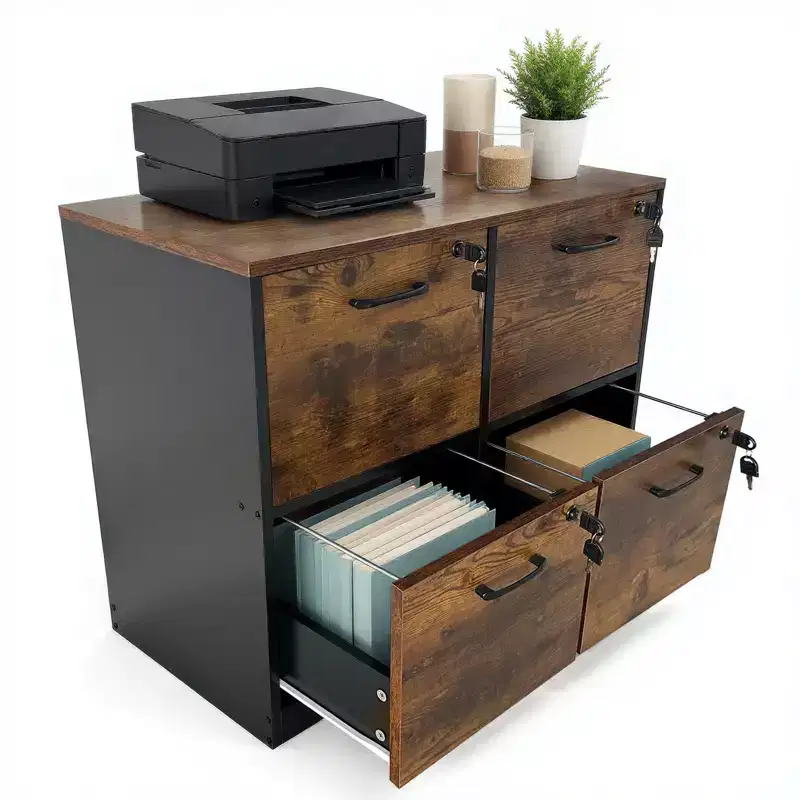 4 Drawer File Cabinet with Lock, Wood Vertical Filing Cabinet with Hanging Bar, Printer Stand for Office Study Room, Fit Letter/A4/Legal Size File
