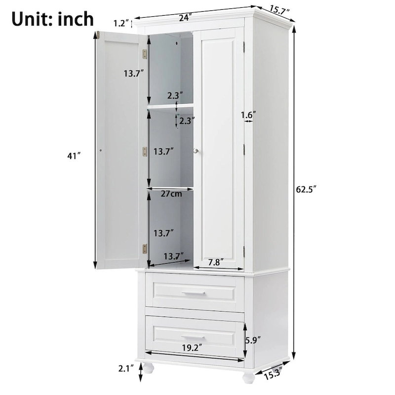 Tall Storage Cabinet with Two Drawers for Bathroom/Office - 24x62.5