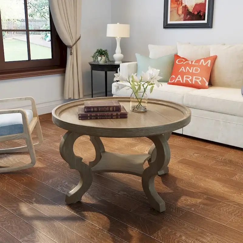 Round Faux Wood Coffee Table, Weathered Natural & Walnut Finish, Living Room