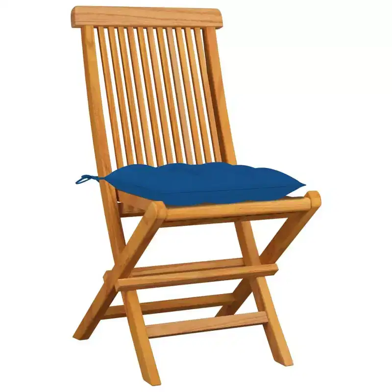 vidaXL Patio Chairs 4 Pcs - Folding, Teak Wood, Blue Cushions, Comfortable Outdoor Seating