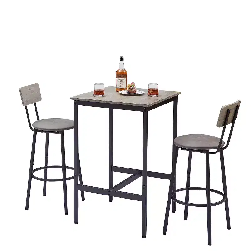 Bar Table Set with 2 Bar Stools, PU Soft Seats & Backrests, Particle Board, for Bar, Home, Office, or Living Room, Grey, One Size
