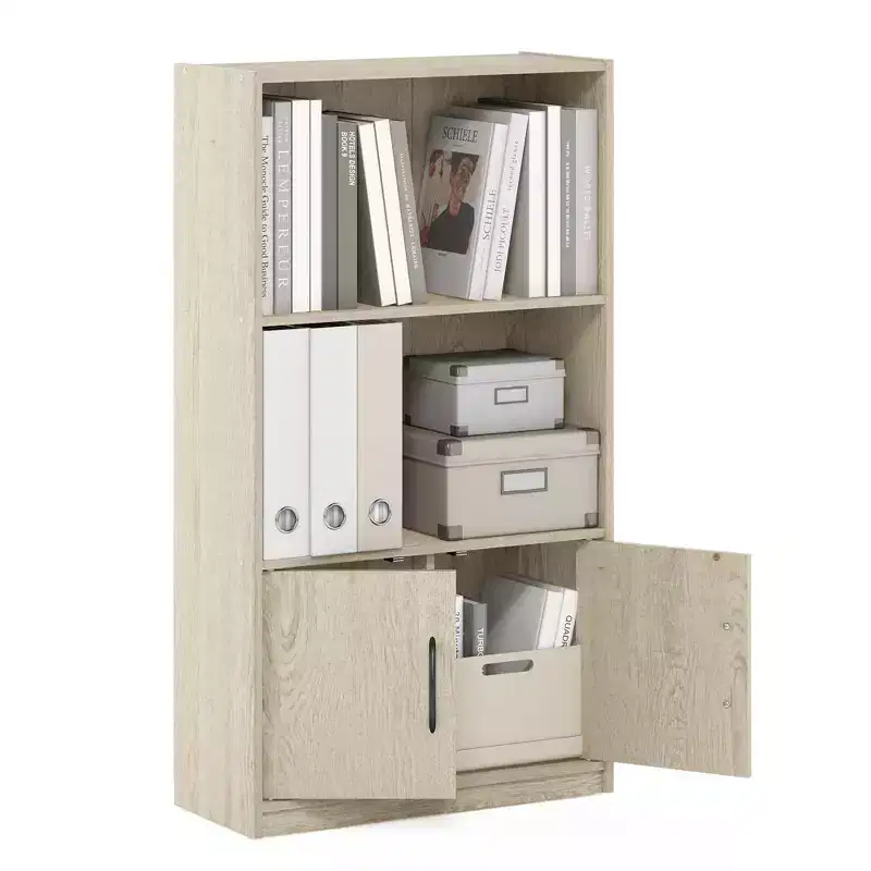 3-Tier Decorative Bookshelf Open Bookcase Display Shelf W/2 Cube&2 Doors Storage Cabinet,Metropolitan Pine