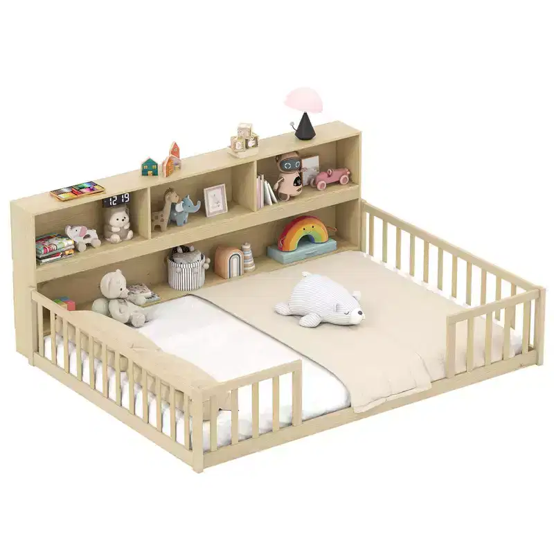 Full Size Montessori Floor Bed with Bookcase Storage Shelves & Safety Fence Rails Pink/Natural/White/Gray