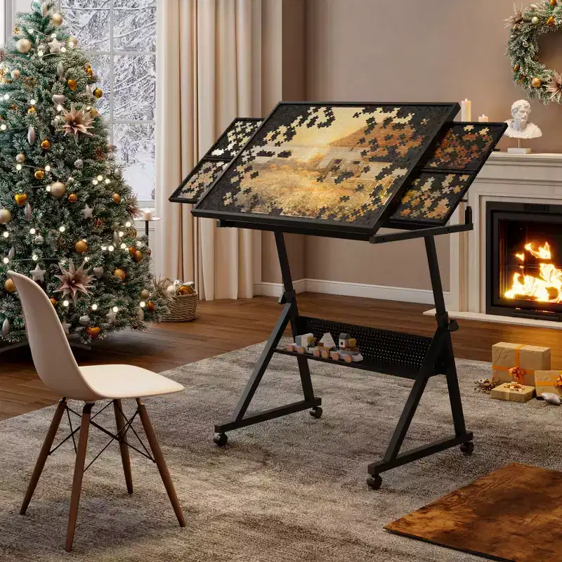 Modern Metal and Wooden Jigsaw Puzzle Table Board with 4 Trays
