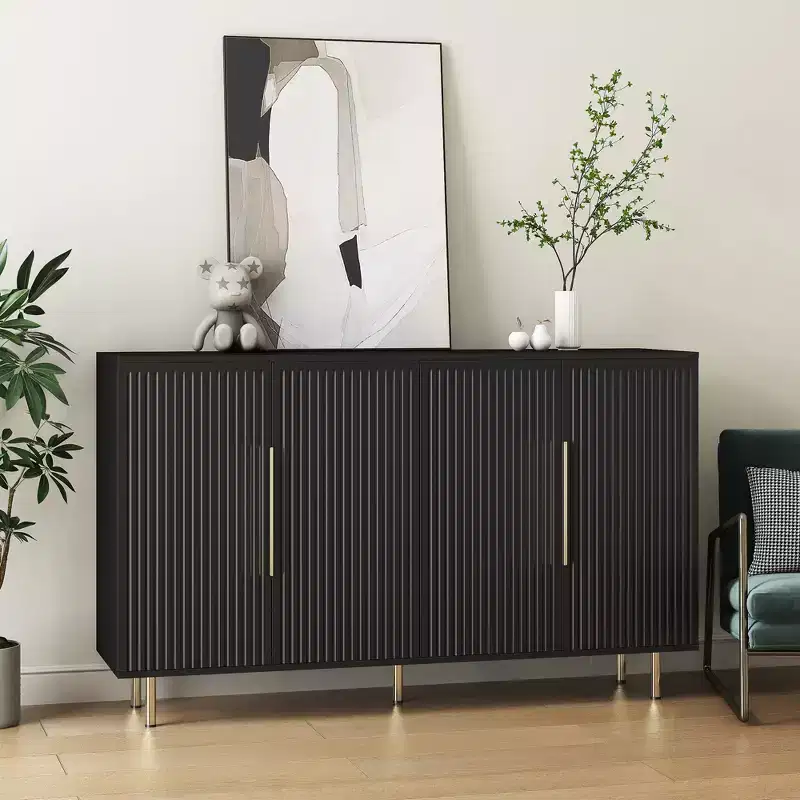 Accent Storage Cabinet Serving Sideboard, Modern Mid Century Coffee Bar Cabinet with Vertical-Striped Doors and Adjustable Shelves
