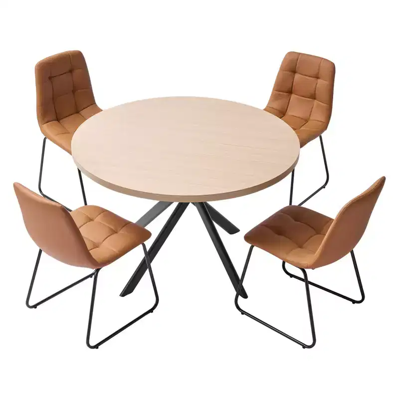 VEVOR 5-Piece Dining Table Set, Space-Saving Round Kitchen Table with 4 Upholstered Orange Chairs, PU Leather Cushions, Modern Wood-Tone Desk,Brown