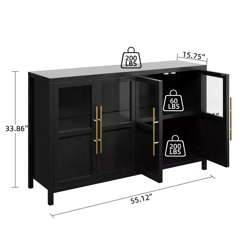 55'' Large Sideboard, Glass-Door Kitchen Storage Cabinet, Wooden Farmhouse Coffee Bar Cabinet, Dining Room Buffet Table with Storage